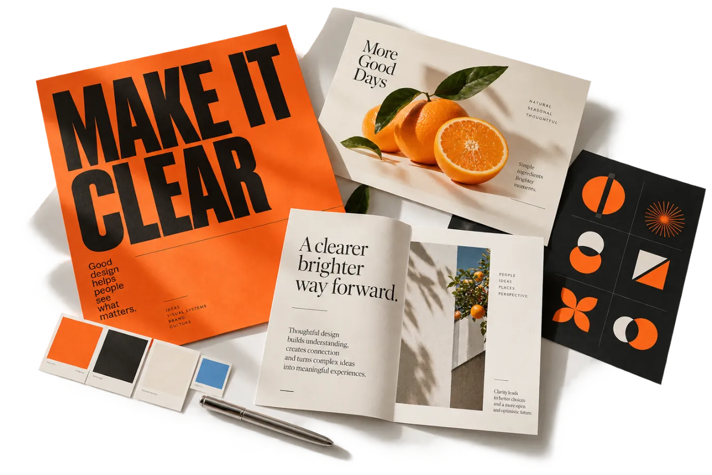 Illustrative collection of campaign graphics, editorial typography and brand design materials