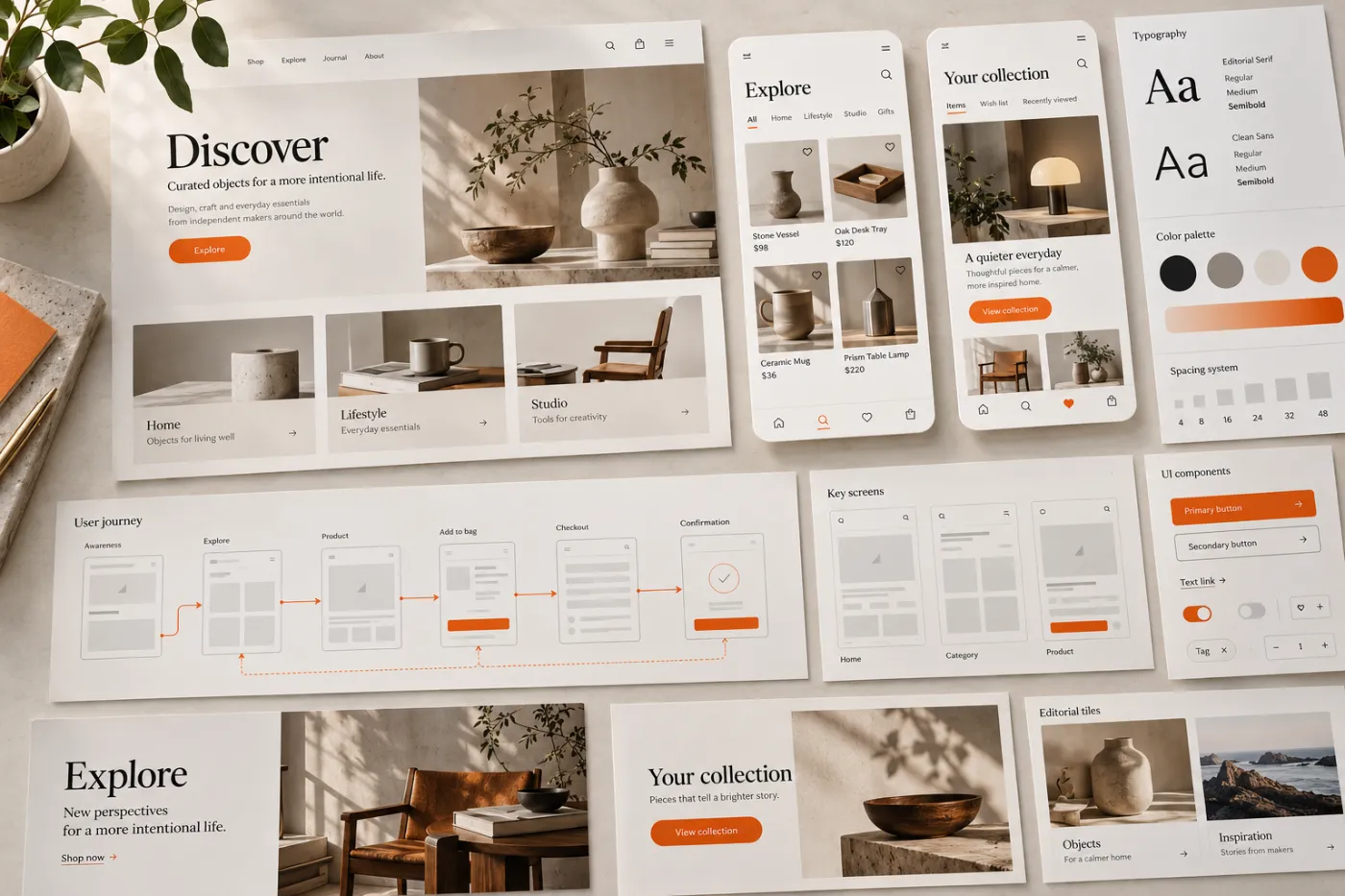 Illustrative UI and UX design boards showing interface layouts, user journeys and a coordinated design system