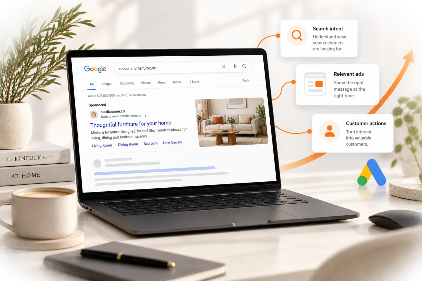 Illustrative search advertising concept linking search intent, relevant ads and customer actions
