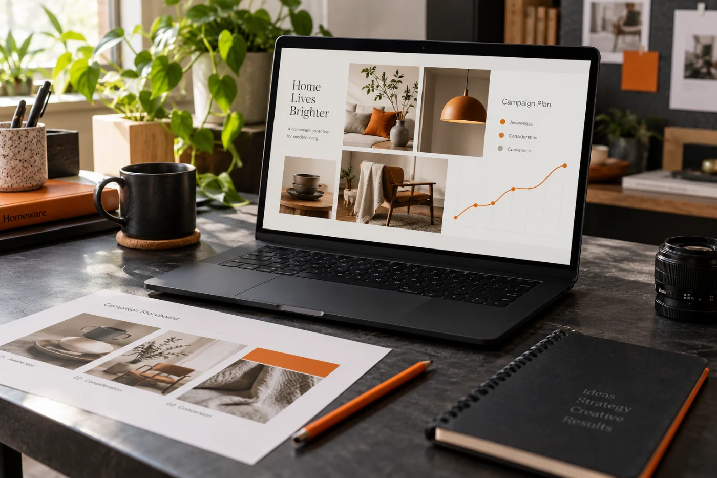 Advertising workspace with a campaign plan and creative review
