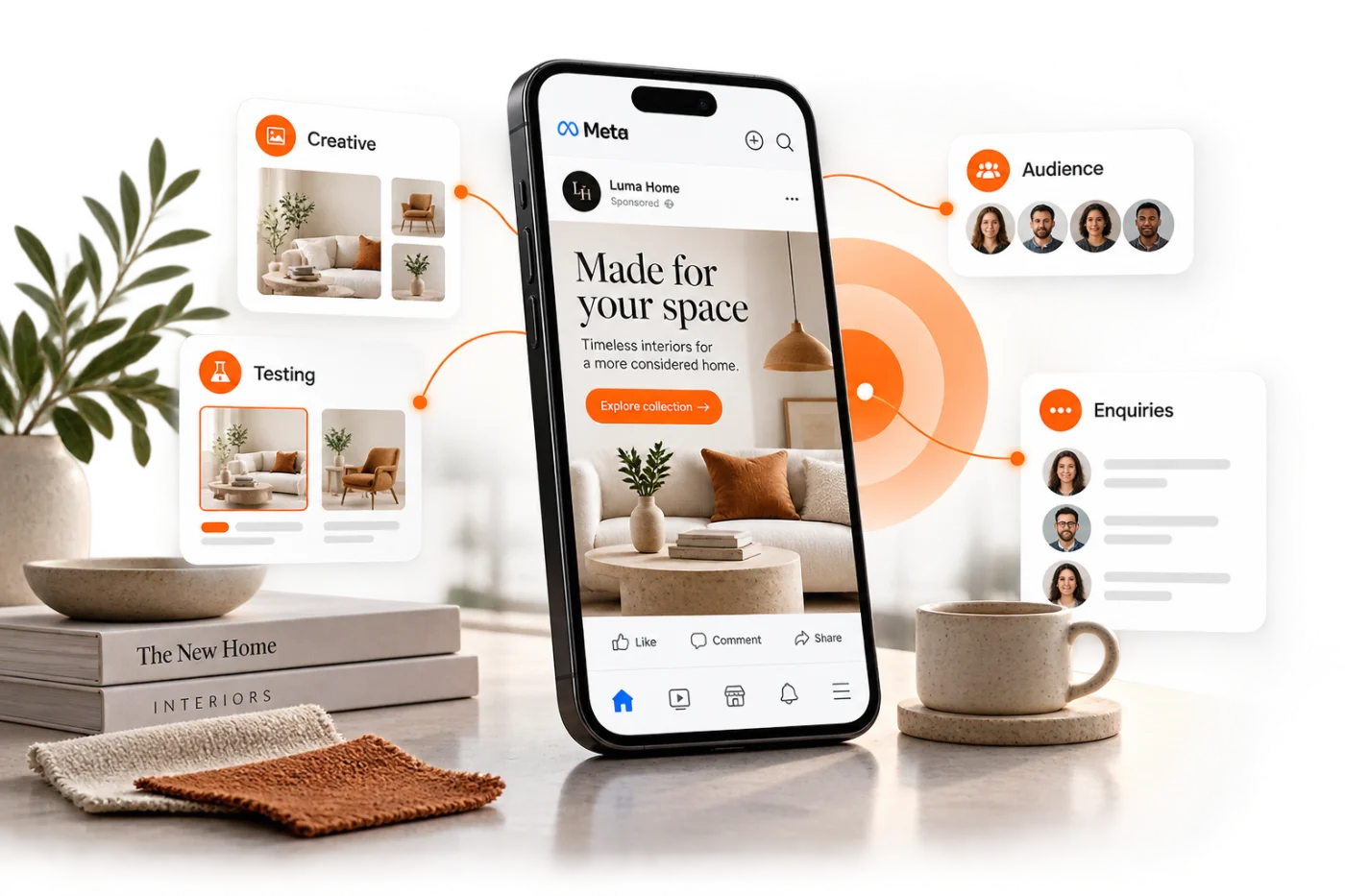 Illustrative social advertising concept connecting creative, audience, enquiries and testing