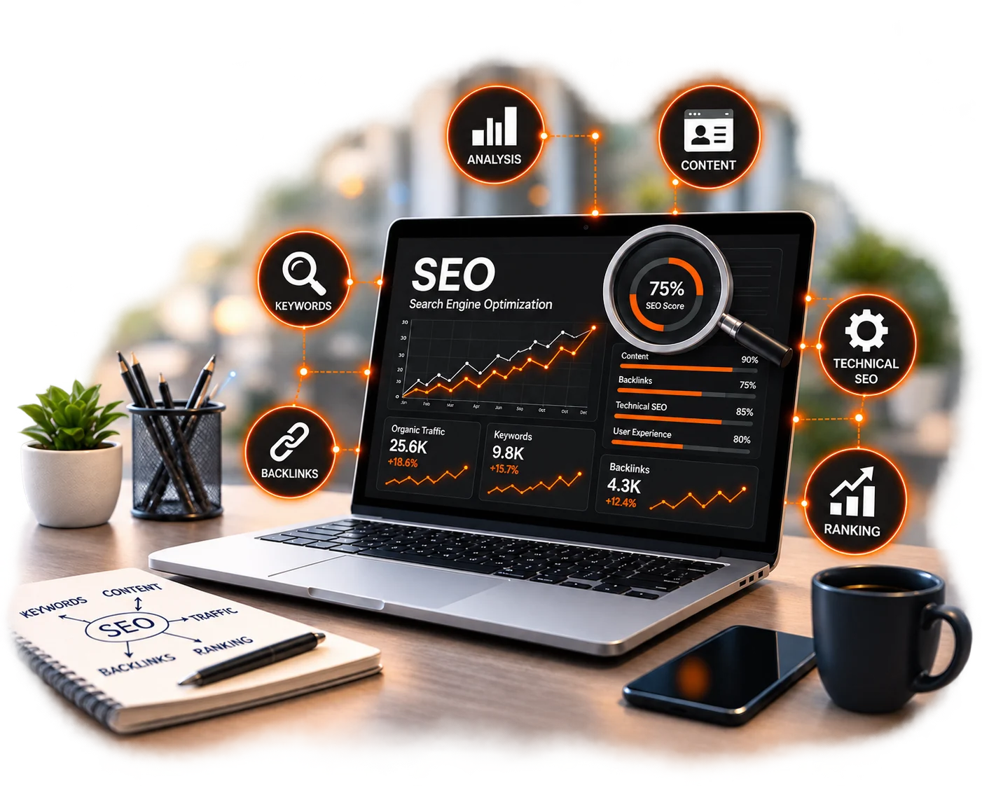SEO laptop dashboard and connected analysis, content, keywords, technical SEO, backlinks and ranking icons, adapted from the supplied reference