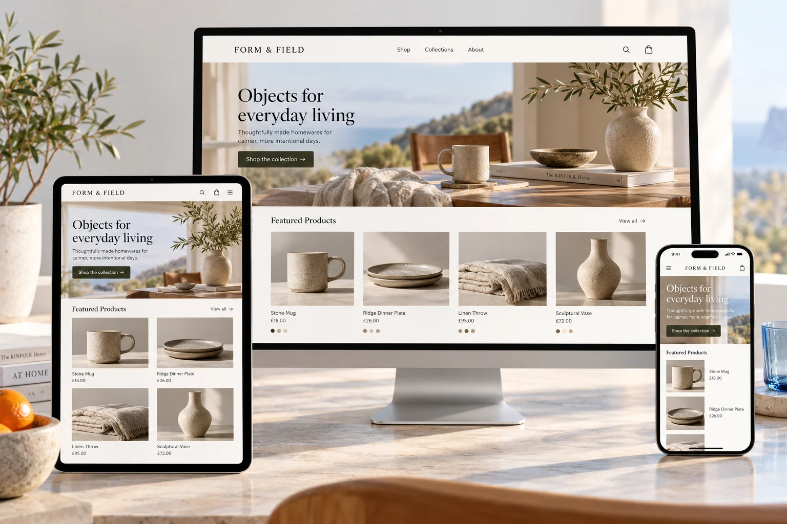 Responsive ecommerce storefront displayed on desktop, tablet and mobile