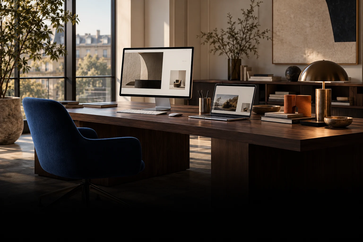 Modern creative office with a website design workstation